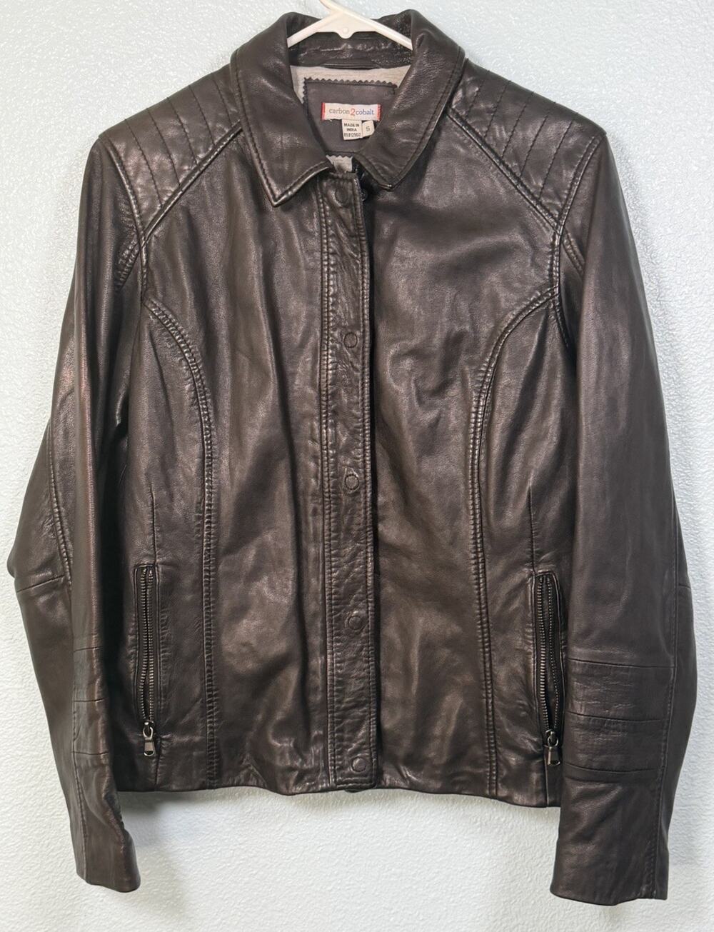Carbon2Cobalt Sloane Leather Jacket Womens S Black Lambskin Moto Biker 318010